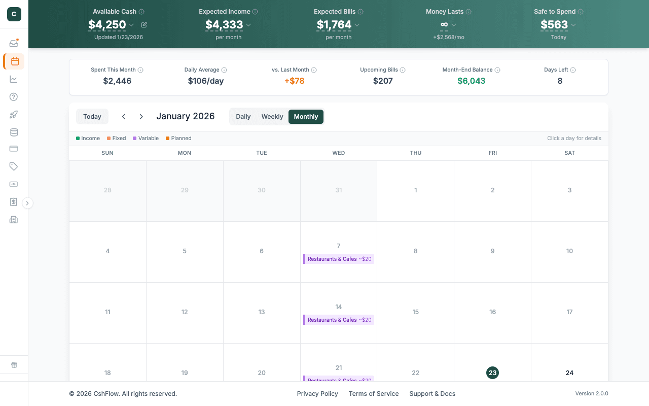 CshFlow shows your safe daily spending amount alongside upcoming bills