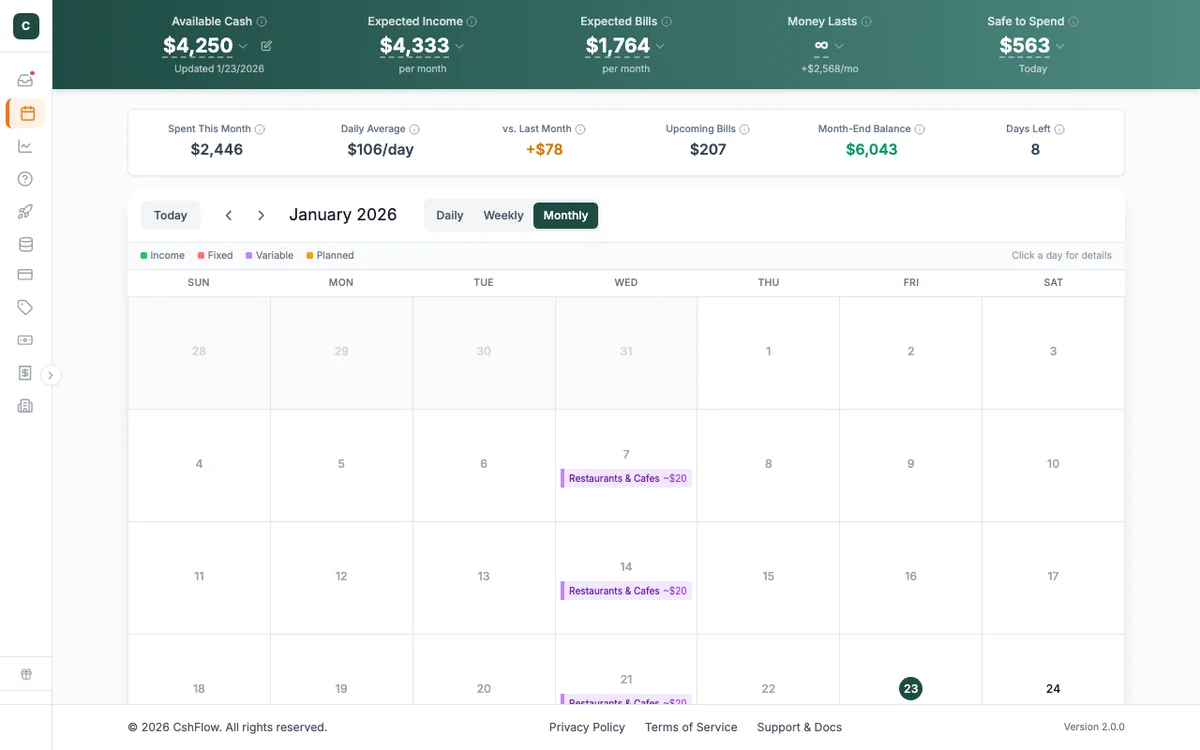 CshFlow calendar showing your daily spending room and upcoming bills